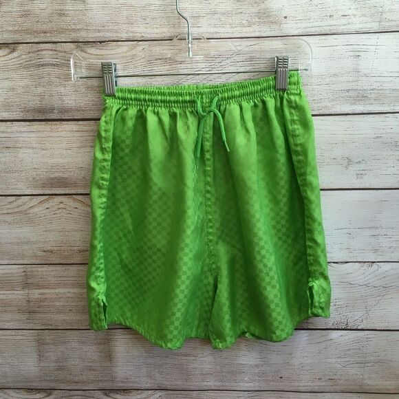 VINTAGE BASIC IMAGE CHECKERBOARD PRINT SHORTS IN NEON GREEN - Picture 1 of 4